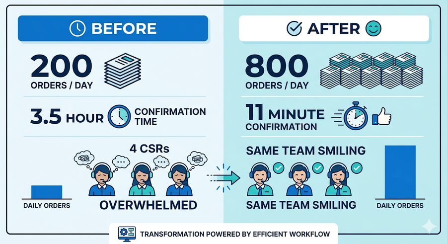 Before and after results of order automation for a building materials lumber yard, showing 4x order volume increase