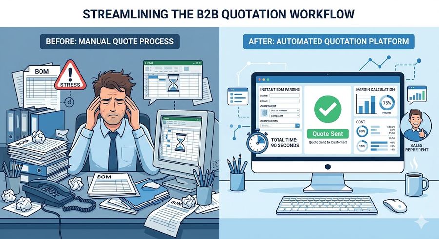 Before and after comparison of manual versus automated electrical distributor quote processing showing 8 minutes reduced to 90 seconds
