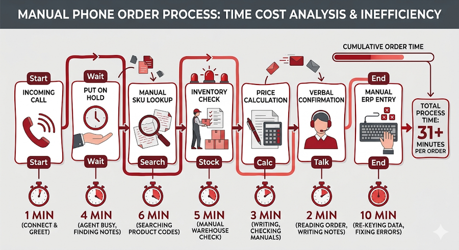 Diagram showing the manual phone order process with time costs at each step from incoming call to ERP entry