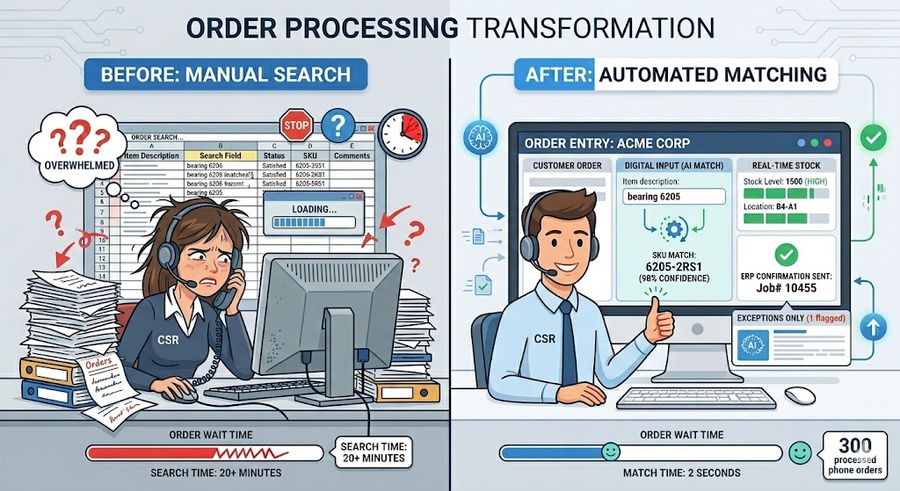 Before and after comparison showing manual phone order processing versus automated voice-to-order system handling 300 daily calls