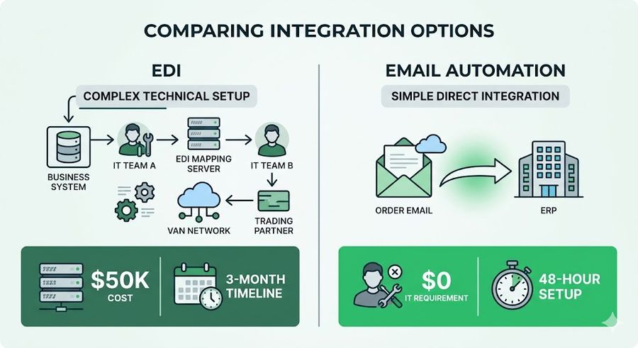 Comparison diagram showing EDI setup complexity and cost versus email-based order automation for distributors