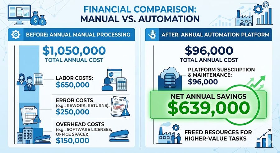 Financial comparison showing $1,050,000 annual manual order processing cost versus $96,000 automation investment with $639,000 net savings