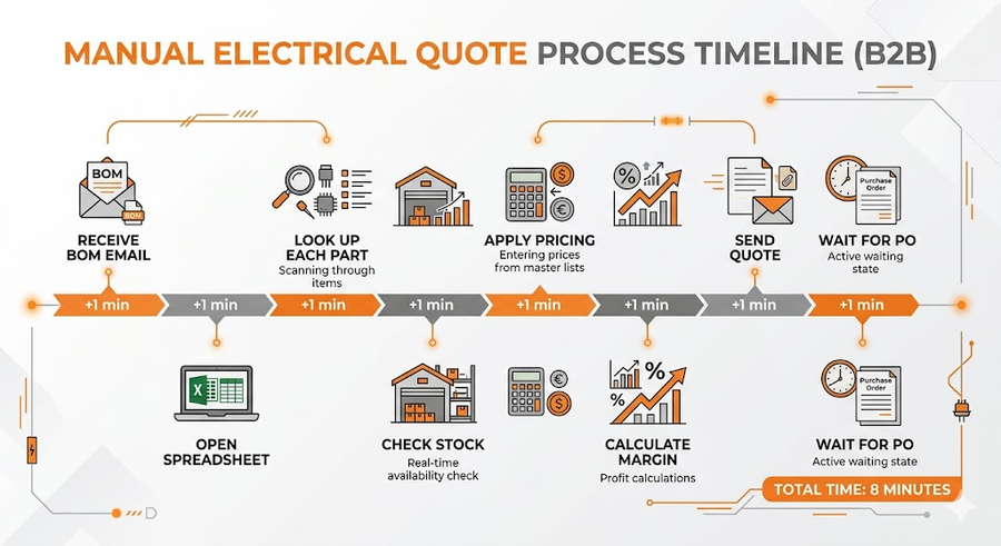 Manual electrical distributor quote process timeline showing 8 minutes of steps from BOM receipt to quote delivery