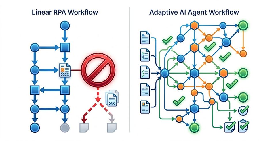 Diagram comparing RPA linear script workflow versus AI agent adaptive reasoning across variable document formats