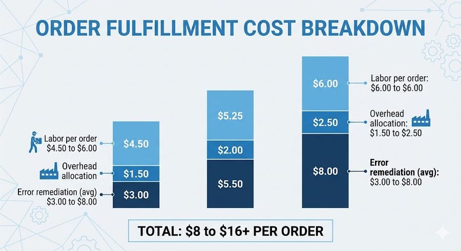 Cost breakdown infographic showing labor, overhead, and error remediation costs per manual order for distributors
