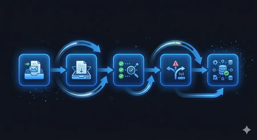 Pipeline d'automatisation ERP en cinq étapes : ingération, extraction, validation, routage des exceptions et confirmation ERP