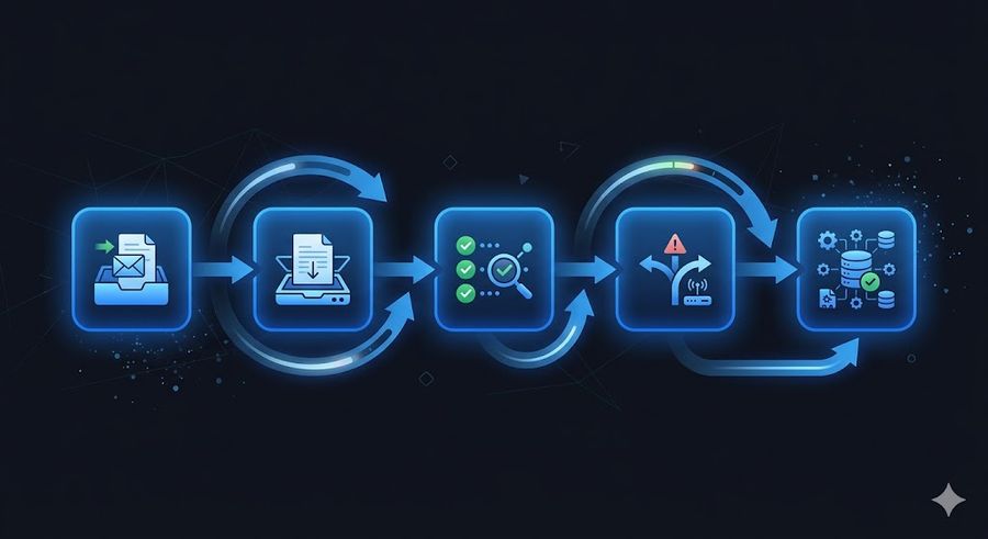 Five-step ERP order automation pipeline: ingestion, extraction, validation, exception routing, and ERP confirmation