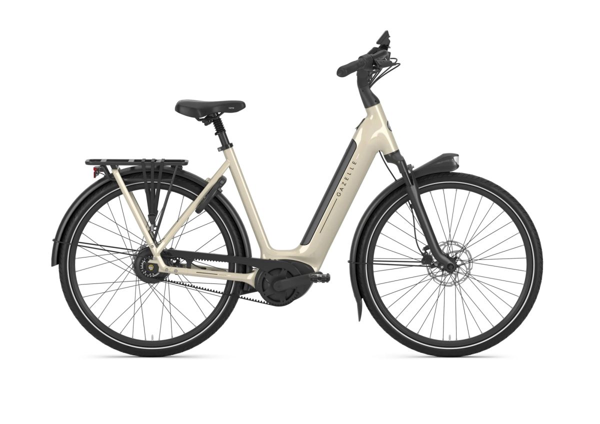 Gazelle Arroyo C380 Elite low-step commuter e-bike in Caramel Khaki, side view