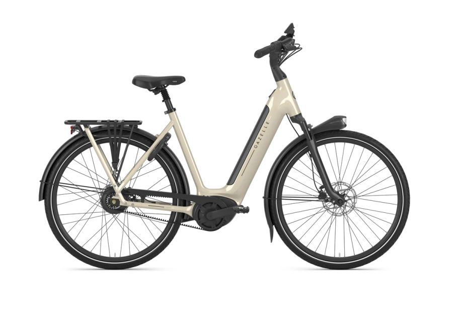 Gazelle Arroyo C380 Elite low-step commuter e-bike in Caramel Khaki, side view
