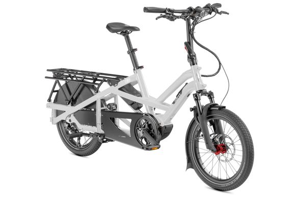Tern GSD P10 e-bike in Gloss Silver, three-quarter view