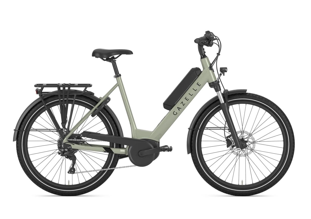 Gazelle Medeo T9 City step-through commuter e-bike in Caramel Khaki, side view