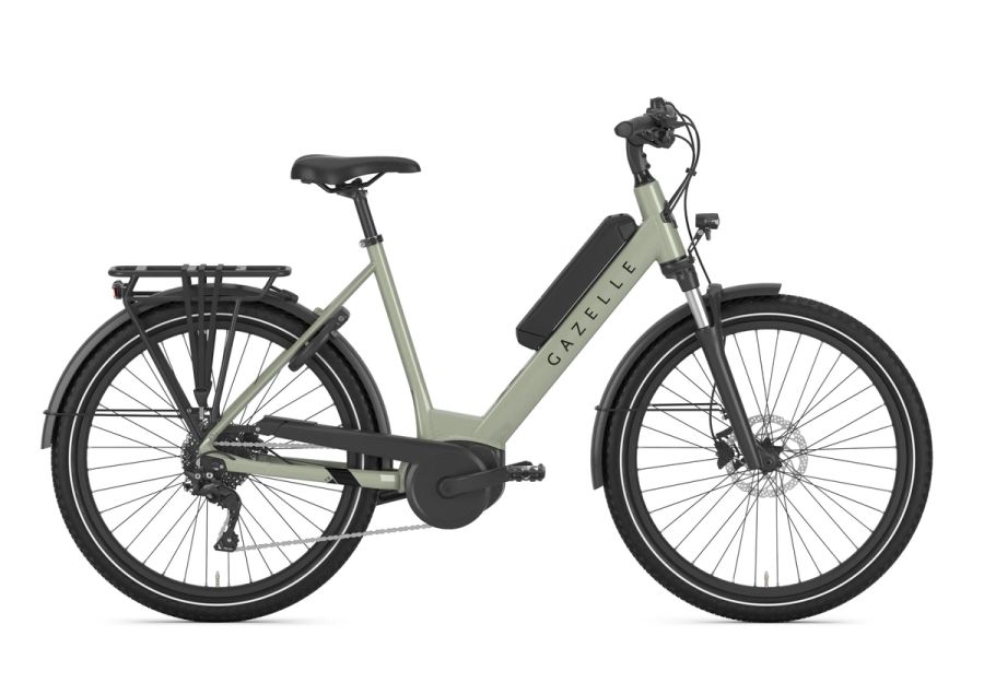 Gazelle Medeo T9 City step-through commuter e-bike in Caramel Khaki, side view