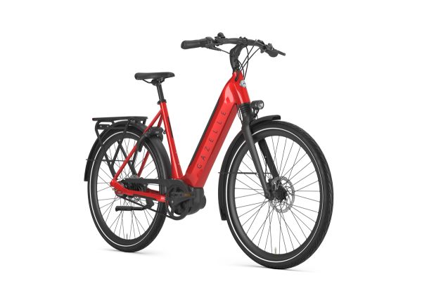 Gazelle Ultimate C8 belt-drive e-bike in red, three-quarter view