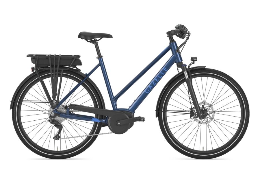 Gazelle Medeo T9 City step-through commuter e-bike in Mallard Blue, side view