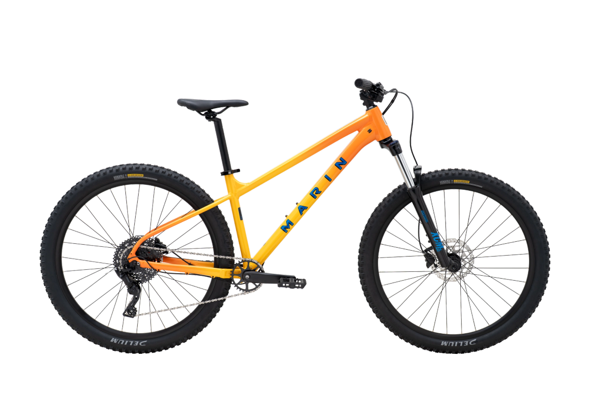Marin San Quentin 1 hardtail mountain bike in orange and yellow, side view