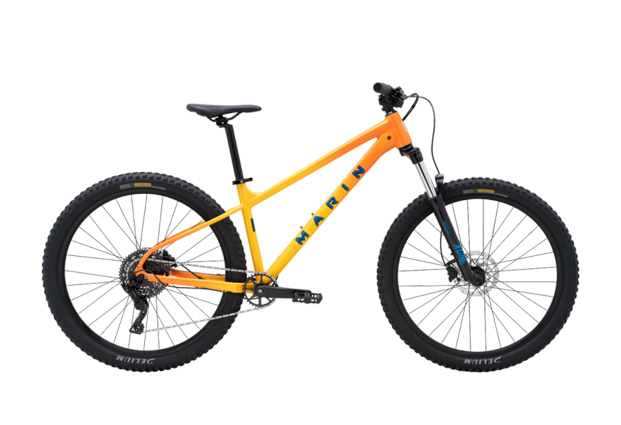 Marin San Quentin 1 hardtail mountain bike in orange and yellow, side view