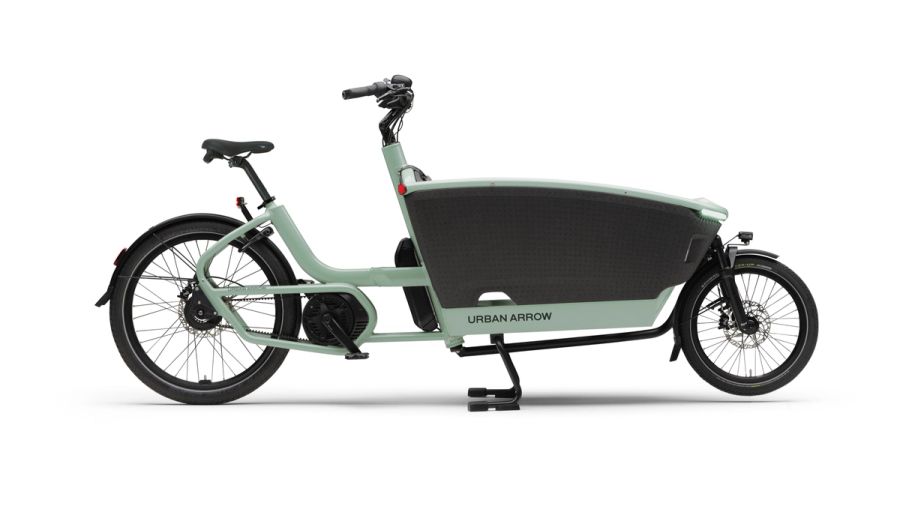Urban Arrow FamilyNext Pro front-loader cargo e-bike in green, side view (drive side)