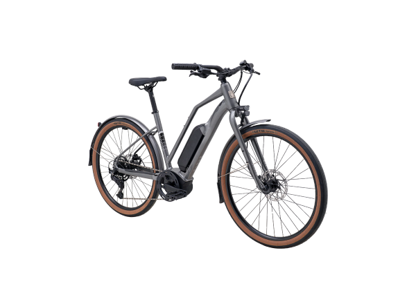 Marin Sausalito E1 ST step-through commuter e-bike in grey, front three-quarter view