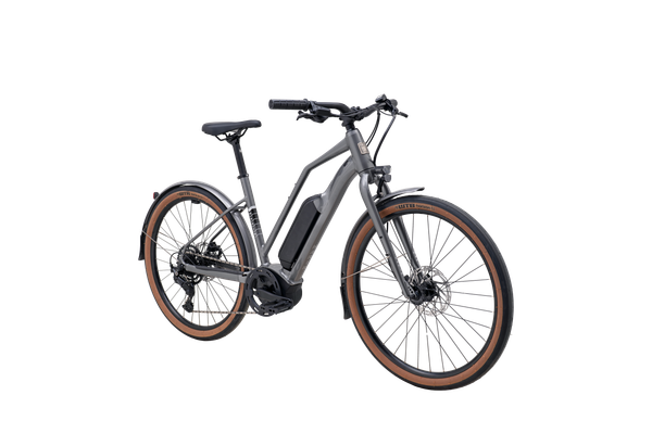 Marin Sausalito E1 ST step-through commuter e-bike in grey, front three-quarter view