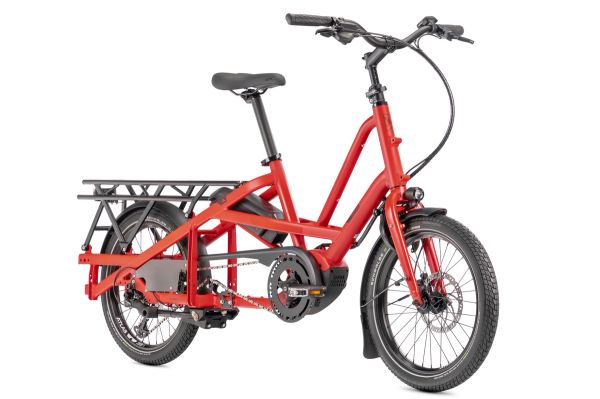 Tern Quick Haul Long D9 e-bike in Traffic Red, three-quarter view