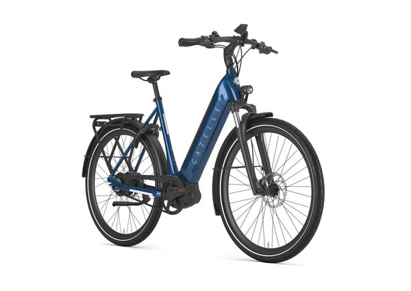 Gazelle Ultimate C380 low-step e-bike in blue, three-quarter view