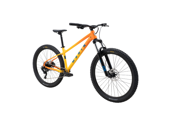 Marin San Quentin 1 hardtail mountain bike in orange and yellow, front three-quarter view