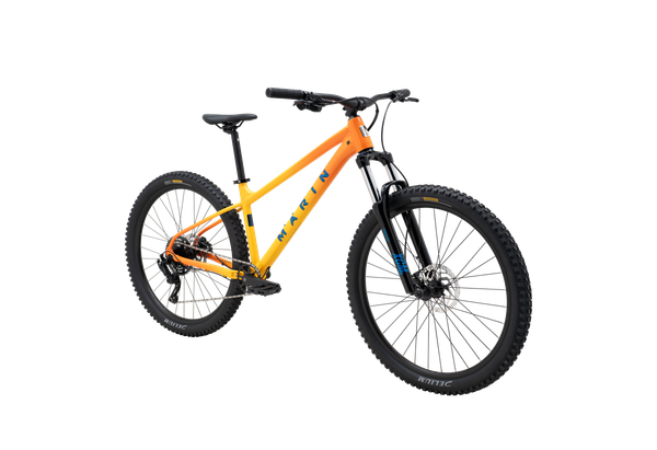 Marin San Quentin 1 hardtail mountain bike in orange and yellow, front three-quarter view