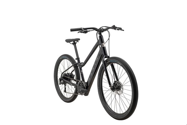 Marin Stinson E commuter e-bike in black, front three-quarter view