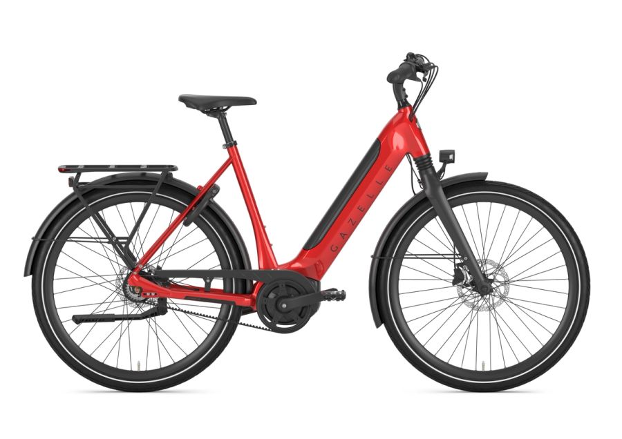 Gazelle Ultimate C8 belt-drive e-bike in red, side view
