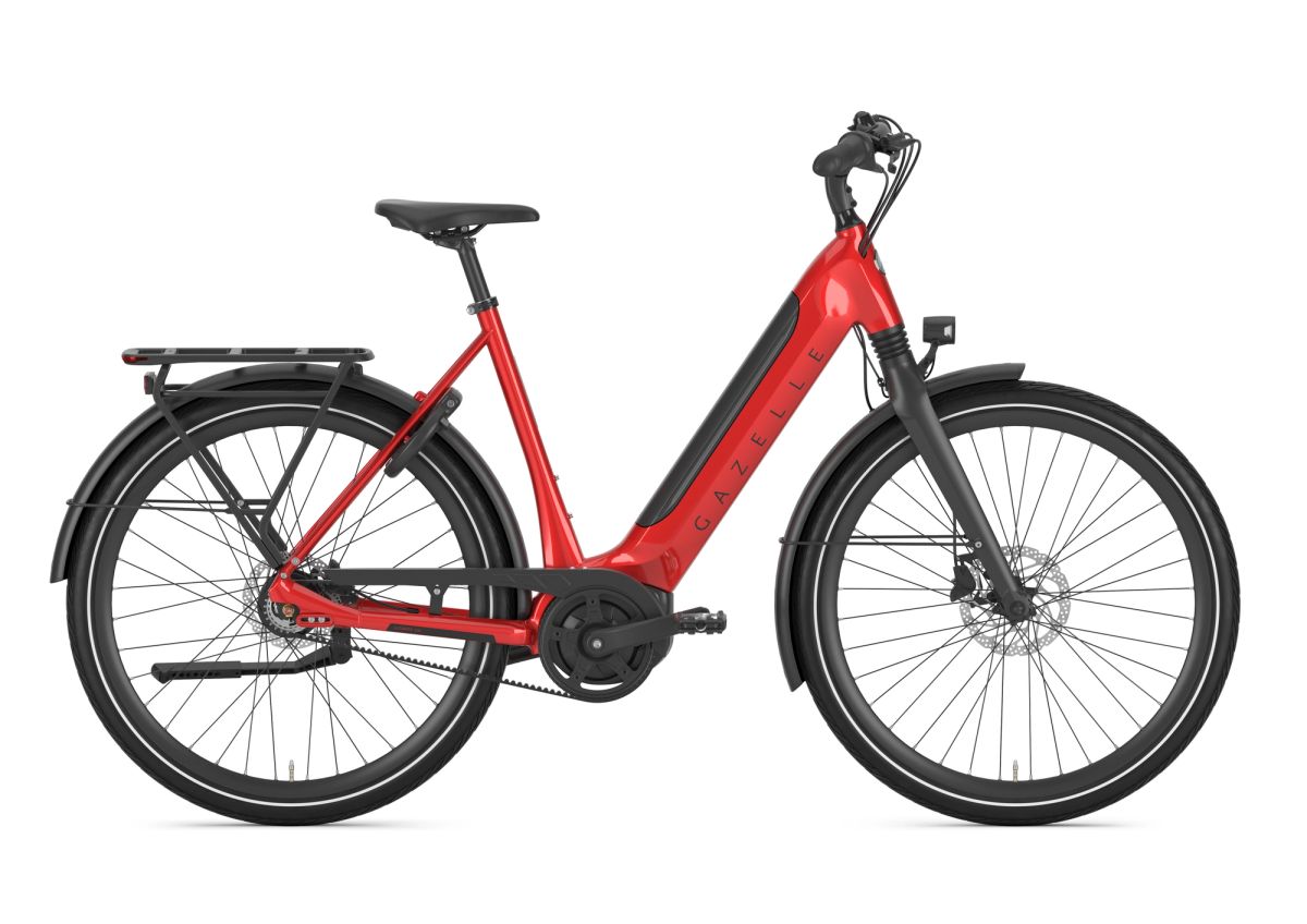 Gazelle Ultimate C8 belt-drive e-bike in red, side view