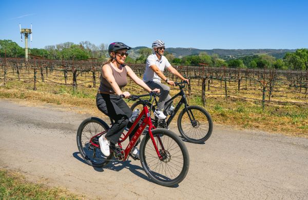 Two riders on Marin Stinson E e-bikes along a vineyard road