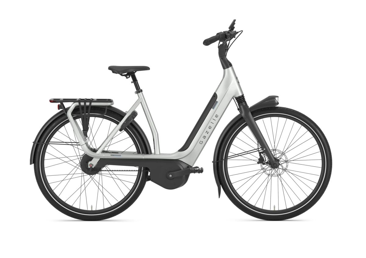Gazelle Avignon C380 belt-drive commuter e-bike in Pebble Grey, side view