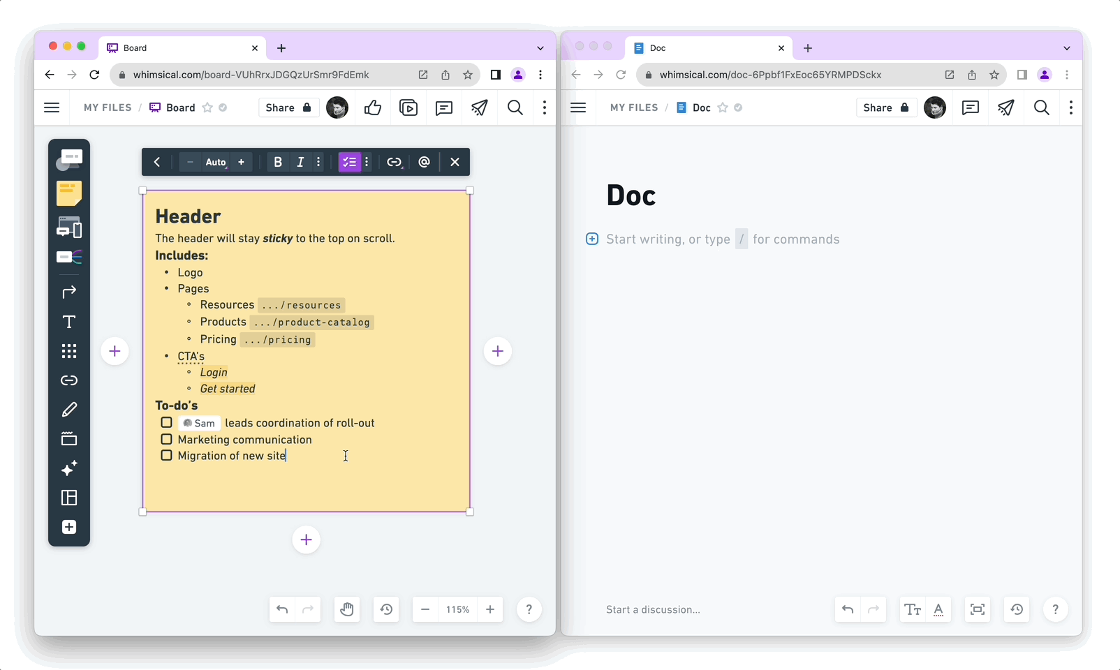 A GIF of rich text being pasted between a board and a doc and retaining its formatting.
