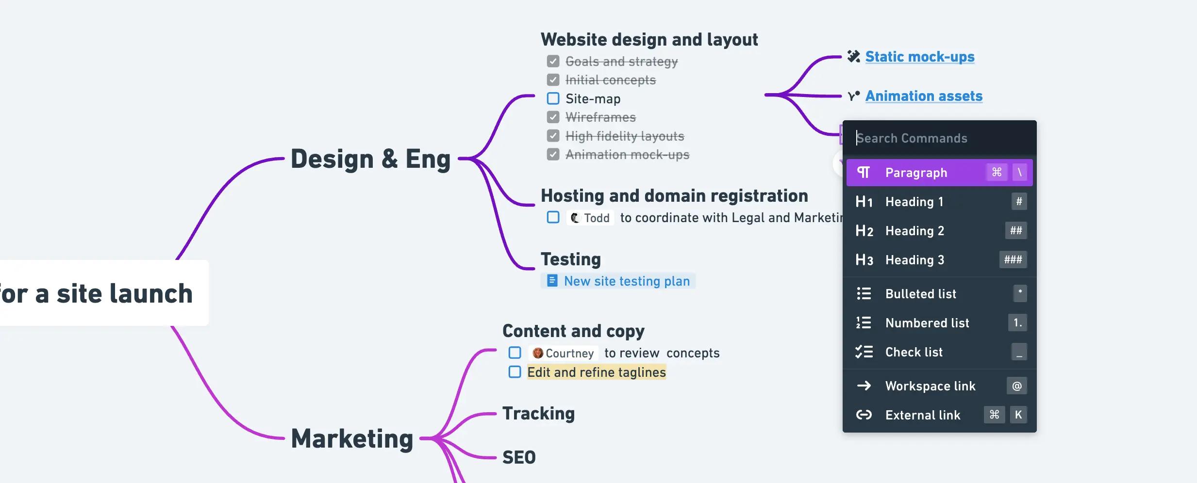 A Whimsical mind map with rich text, todo lists, links, and other Whimsical text features.