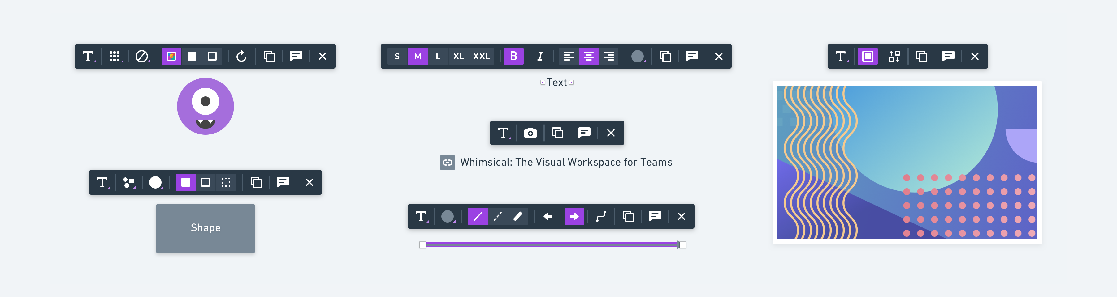 All 6 of the different contextual toolbars for Whimsical Flowcharts