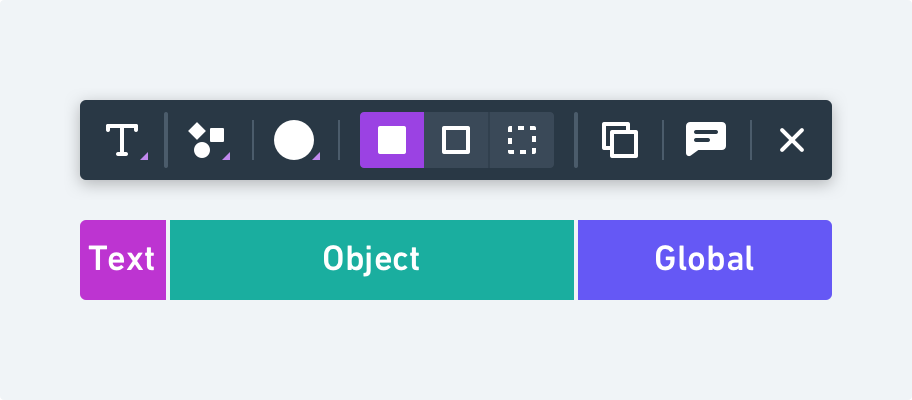 Contextual toolbars for shapes have three categories of controls including Text, Object, and Global.