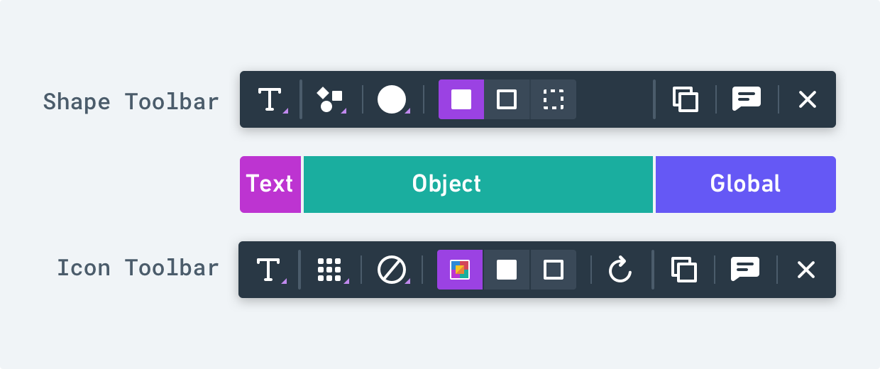 Comparison of control categories for shape and icon toolbars