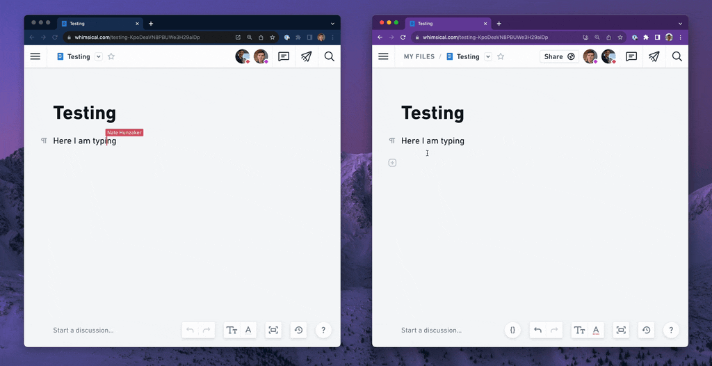 A GIF of two simultaneous editors editing the same line of text in Whimsical's Docs.