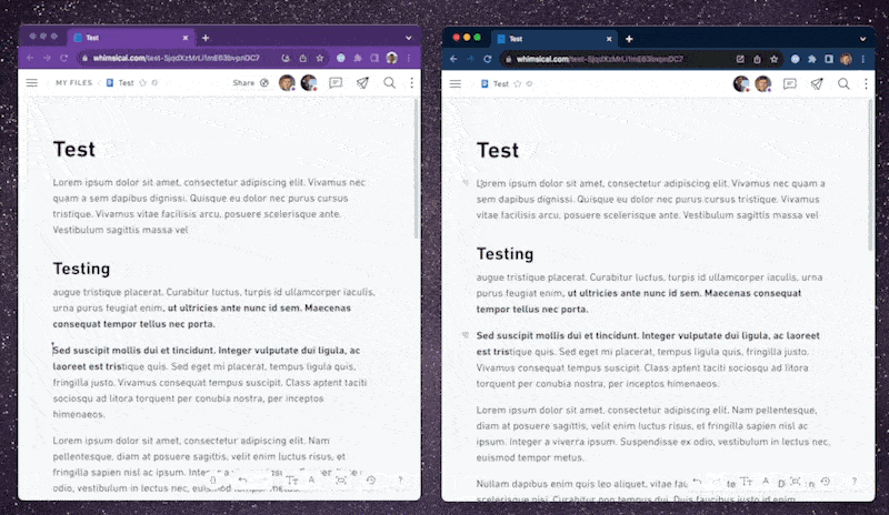 A GIF of two instances of Whimsical Docs, with synced text highlighting between them.