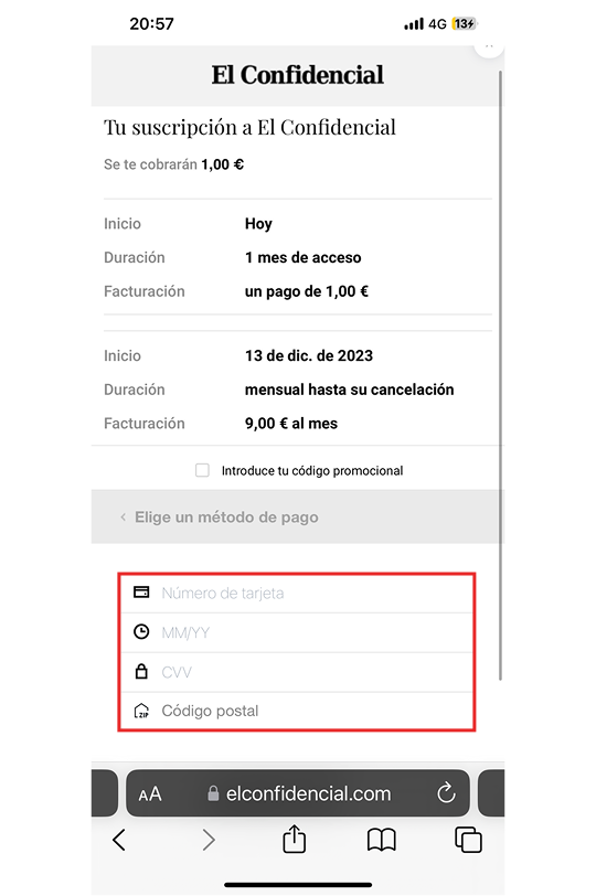 Credit card text fields lack autofill. Buy button obscured below scroll.