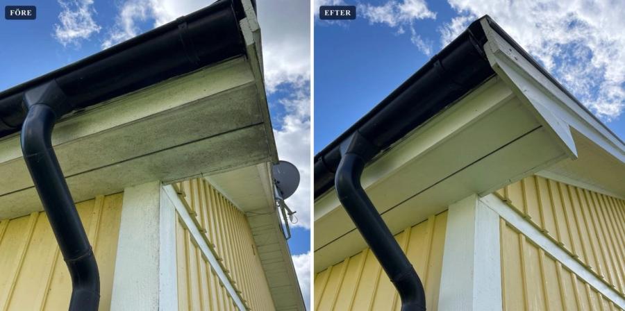 Fasadtvätt före och efter – rengjord gul träfasad med hängränna