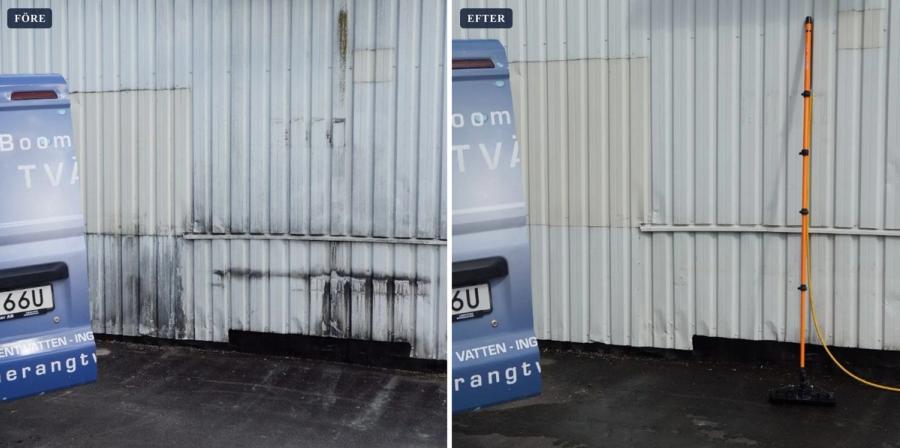 Fasadtvätt före och efter – plåtvägg rentvättad från svarta ränder
