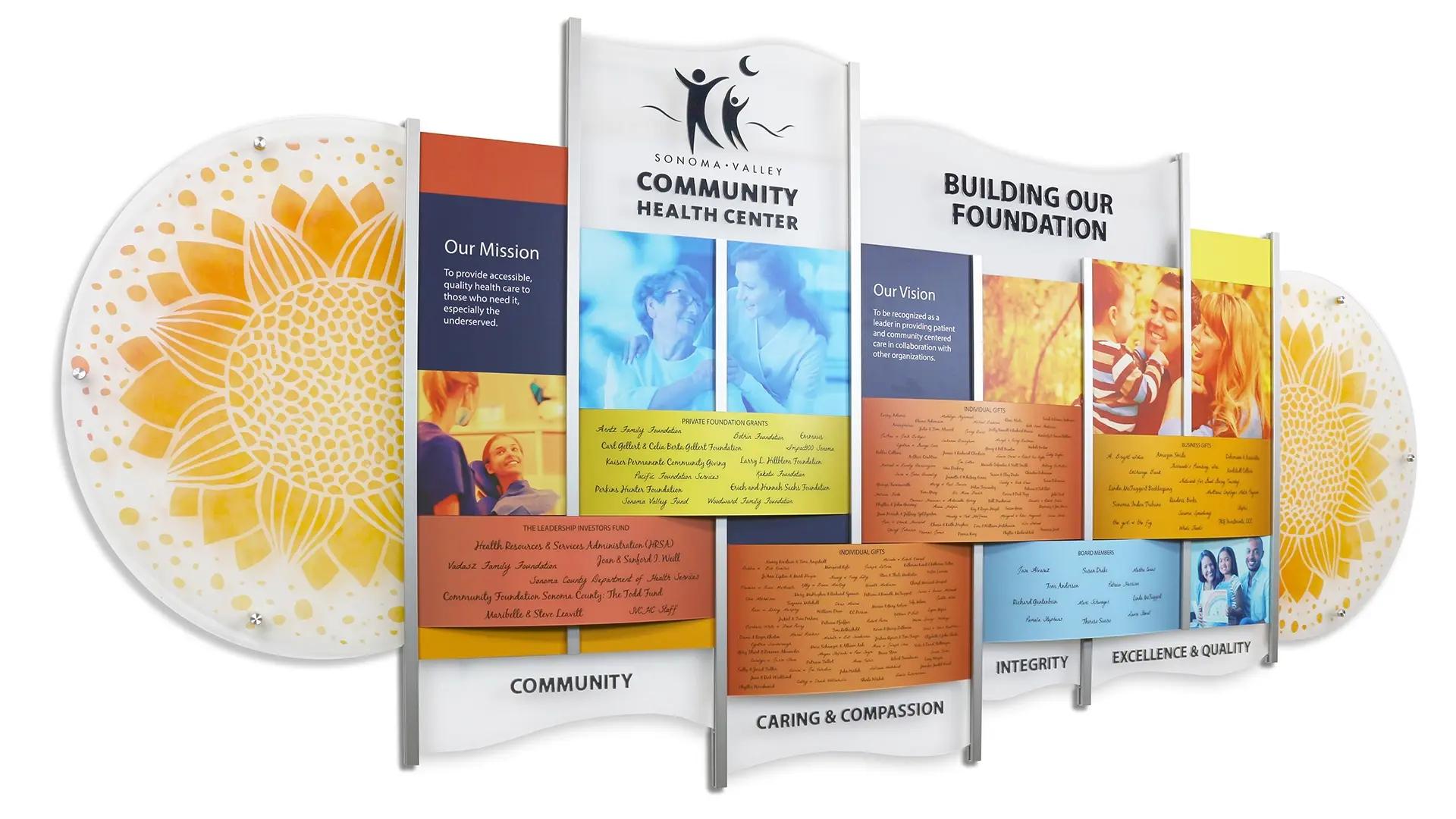Sonoma Valley Community Health Center donor wall using the Rail Wall System with layered panels highlighting mission, vision, and donor support.