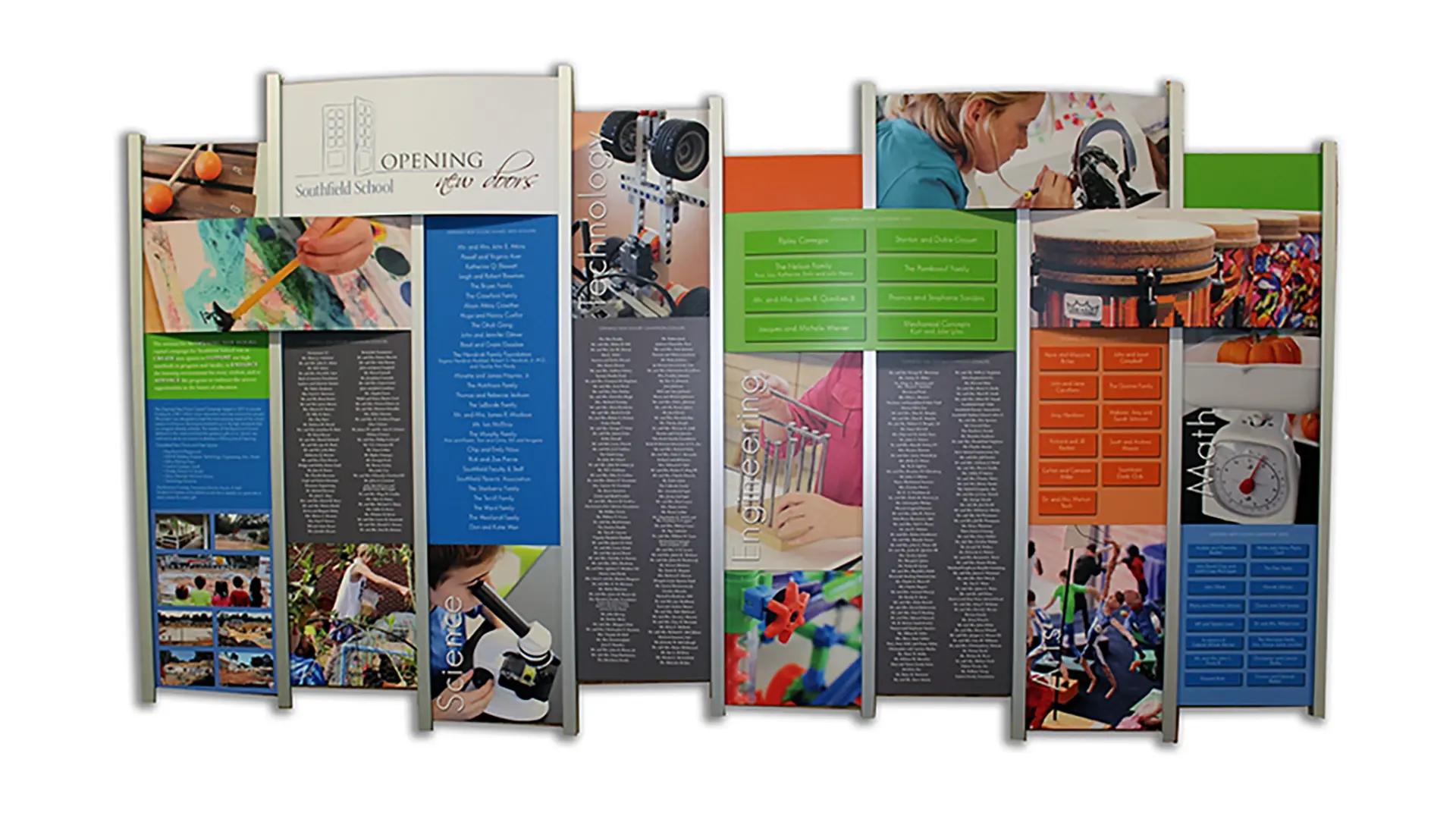Southfield School Rail Wall donor recognition display with colorful panels highlighting academics, arts, and athletics.