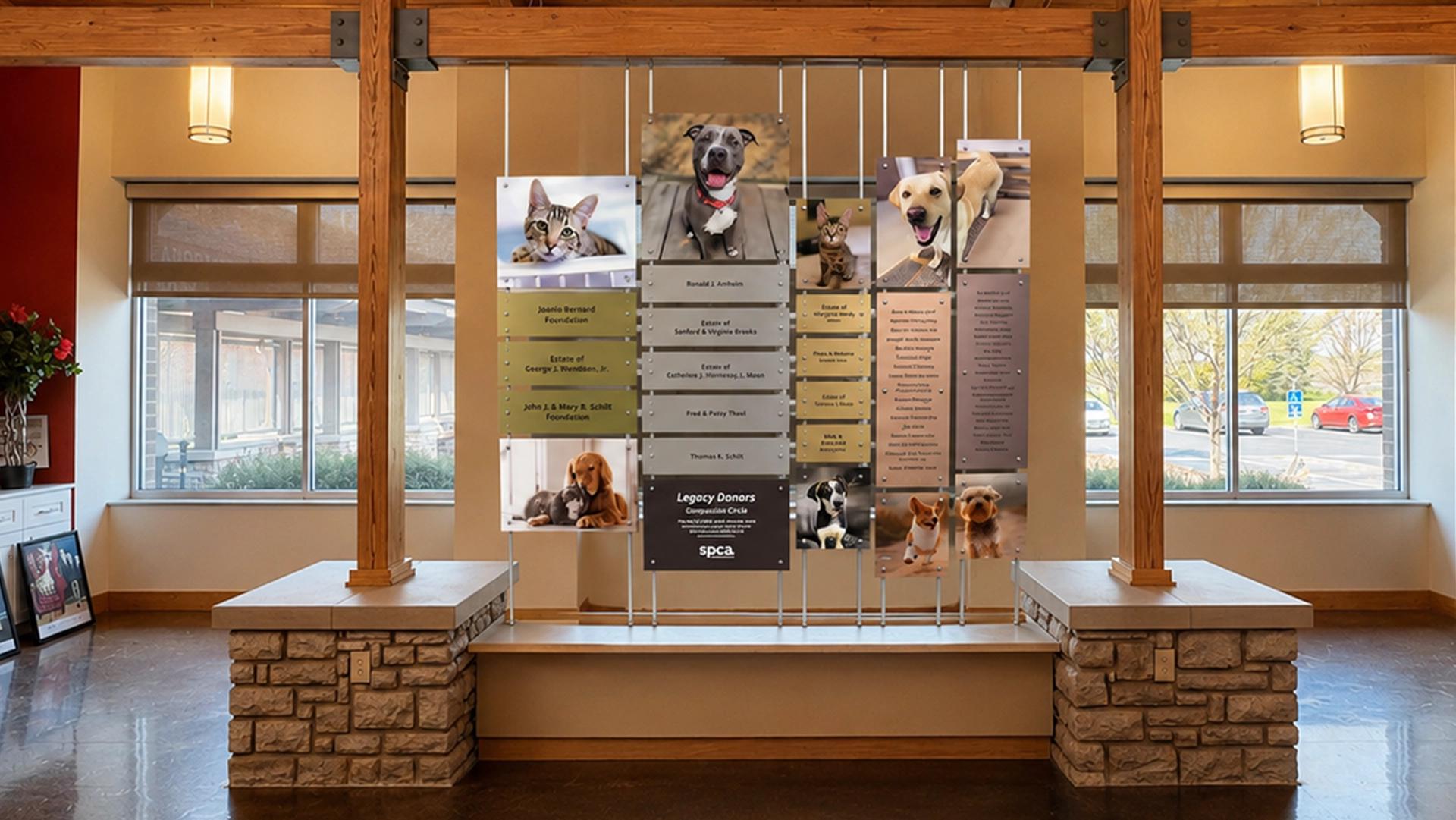 SPCA custom suspension rail double-sided donor recognition display