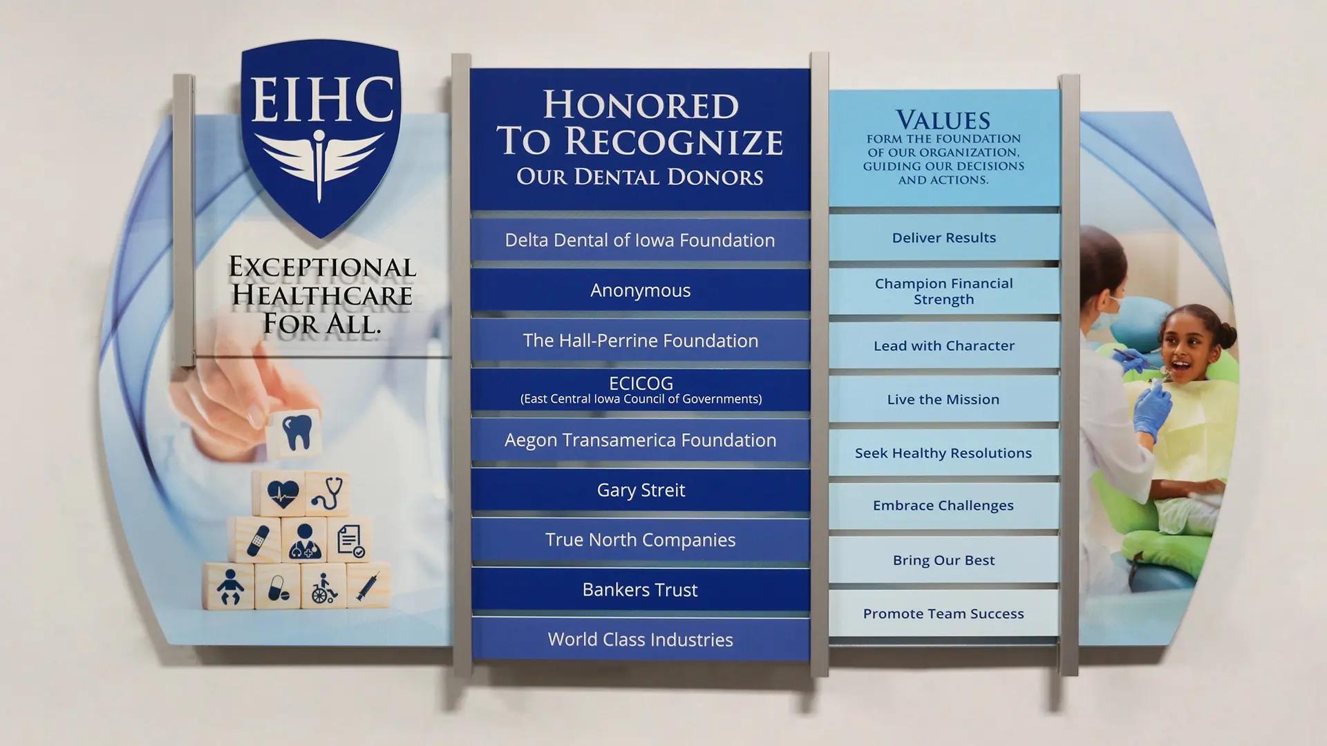 Eastern Iowa Health Center dental donor wall built with the Rail Wall System recognizing dental donors and organizational values.