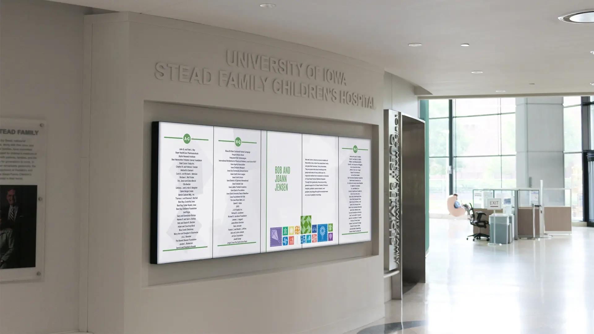 Digital donor recognition wall at University of Iowa Stead Family Children’s Hospital with a multi-screen display honoring donors, powered by Arreya.