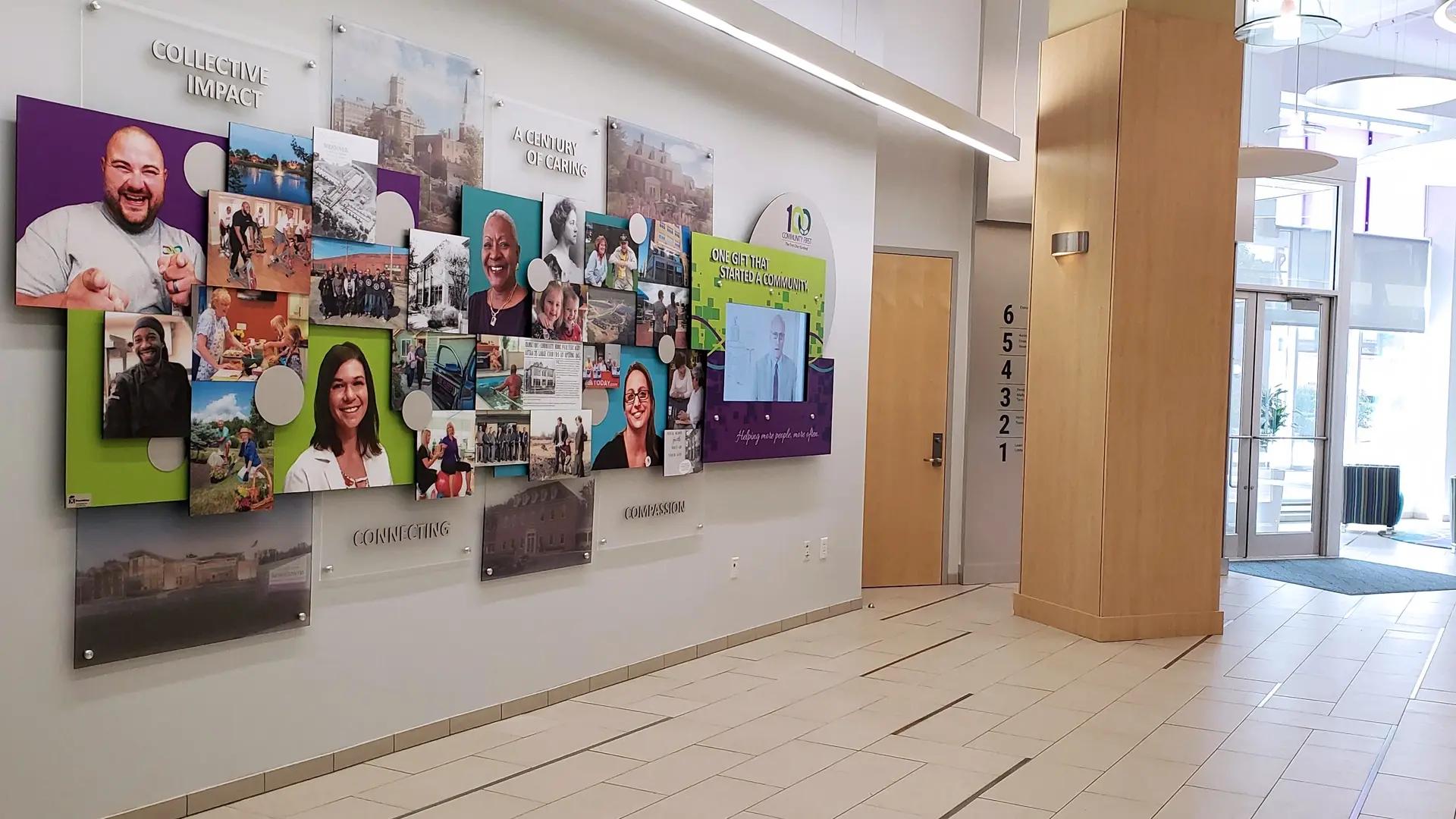 Digital donor wall with layered photos, motion graphics, and bold colors celebrating community, compassion, and a century of impact.