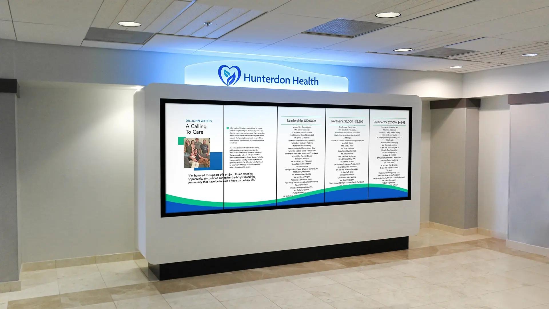 Healthcare digital multi-screen video donor recognition wall with scrolling names and updateable content through Arreya Digital Signage
