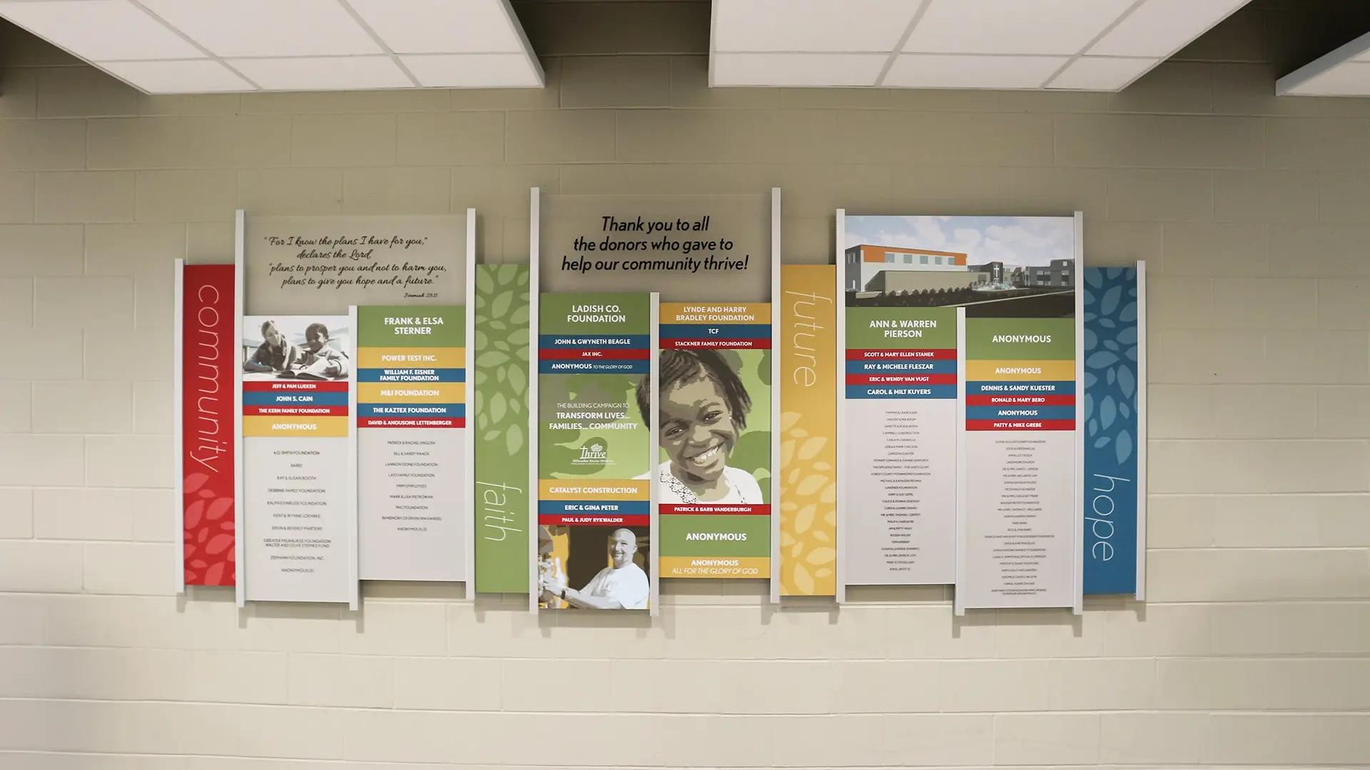 Milwaukee Rescue Mission donor wall built with the Rail Wall System featuring donor names, mission values, and community impact panels.